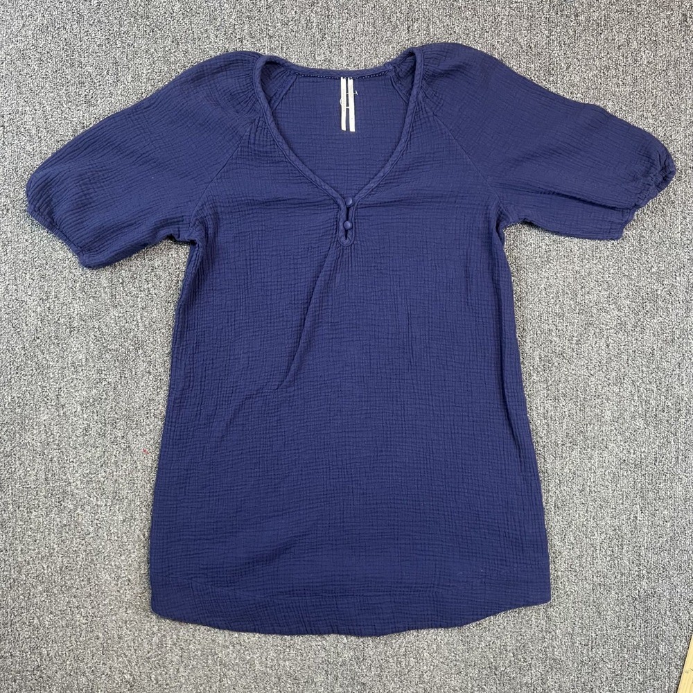 Anthropologie Boho Gauze Tunic Top Size M Navy Blue Cotton Henley Puff Sleeve — photo 2